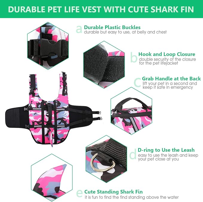 Queenmore Dog Life Jacket Pet Safety Vest High Buoyancy Camouflage Color Cute Shark with Strong Rescue Handle and Leash Ring for Boating, Canoeing, Surfing, Hunting, Pink M