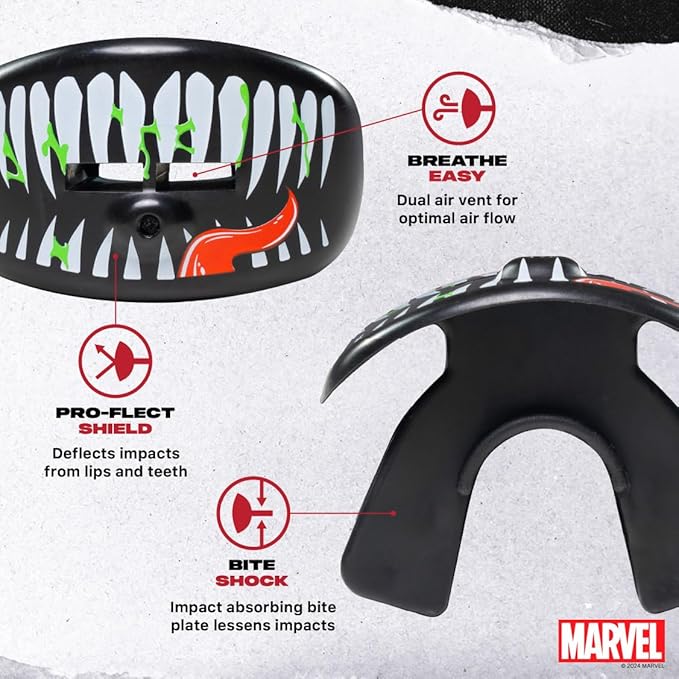 Marvel Venom Football Mouth Guard with Detachable Strap, Lip Protector Adults and Junior, Football & Lacrosse (One Size, Black)