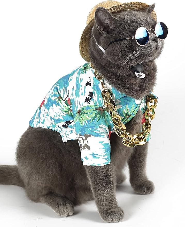 Hawaiian Dog T Shirts Pet Summer Clothes Cat Sunglasses Funny Straw Hat Kitten Costumes with Gold Chain Collar (Medium,Cyan-Blue)
