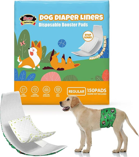 Dono Dog Diaper Liners for Male and Female Dogs, Super Absorbent Dog Booster Pads, 150ct Disposable Doggie Diaper Inserts Fit Reusable Male Belly Bands, Wraps, Washable Period Panties, Regular