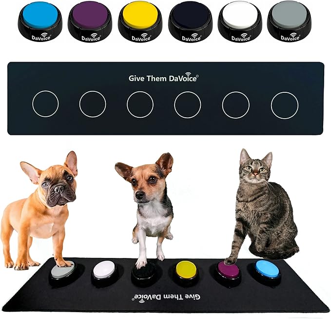 DaVoice Cat & Dog Buttons for Communication, Recordable Buttons for Cats & Dogs Communication, Cat & Dog Talking Pet Button Starter Gift Set, 6 Dog Training Buttons with Mat, Dots & Training Videos