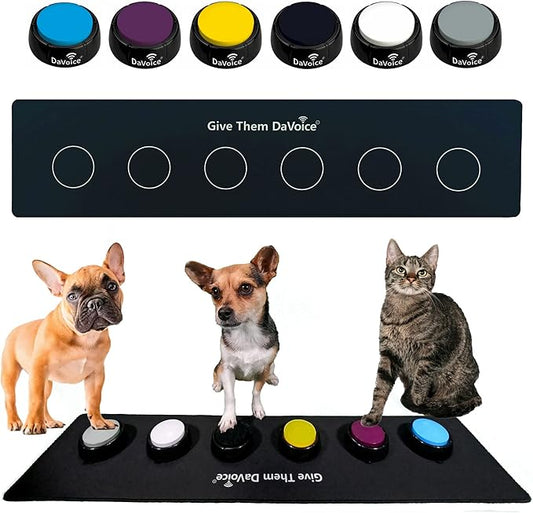DaVoice Cat & Dog Buttons for Communication, Recordable Buttons for Cats & Dogs Communication, Cat & Dog Talking Pet Button Starter Gift Set, 6 Dog Training Buttons with Mat, Dots & Training Videos