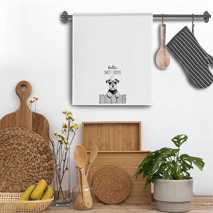 Farmhouse Funny Schnauzer Dog Hand Towels, Hello Sweet Cheeks Bathroom Decor, Schnauzer Lover Gifts Decorative Hand Towels for Bathroom Washroom Restroom, 16x24 Inch