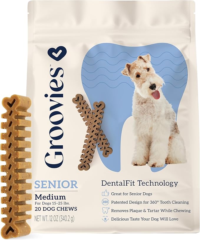Groovies Gentle & Flexible Senior Dog Dental Chews, Contact-Cleaning Design Supporting Tartar Control & Fresh Breath, Oral Care Treats, USA Manufactured, Patented DentalFit Tech, Medium Dogs, 20 Chews