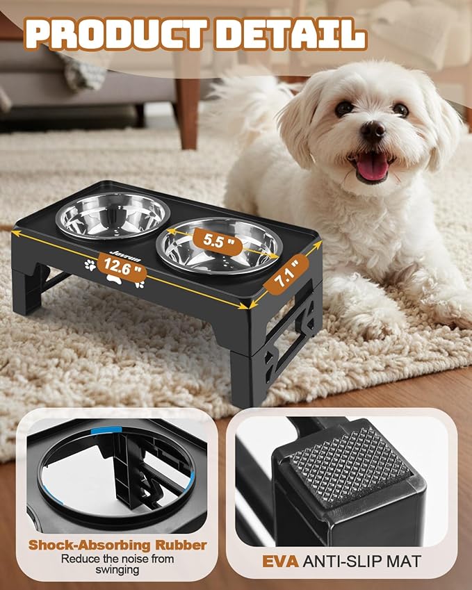 Elevated Dog Bowls for Small Dogs and Cats, Non-Slip Cat Bowls with 2 Thick 5.5" Stainless Steel Dishes, Dog Feeder 2 Heights Adjustable to 2.6"-5.3"