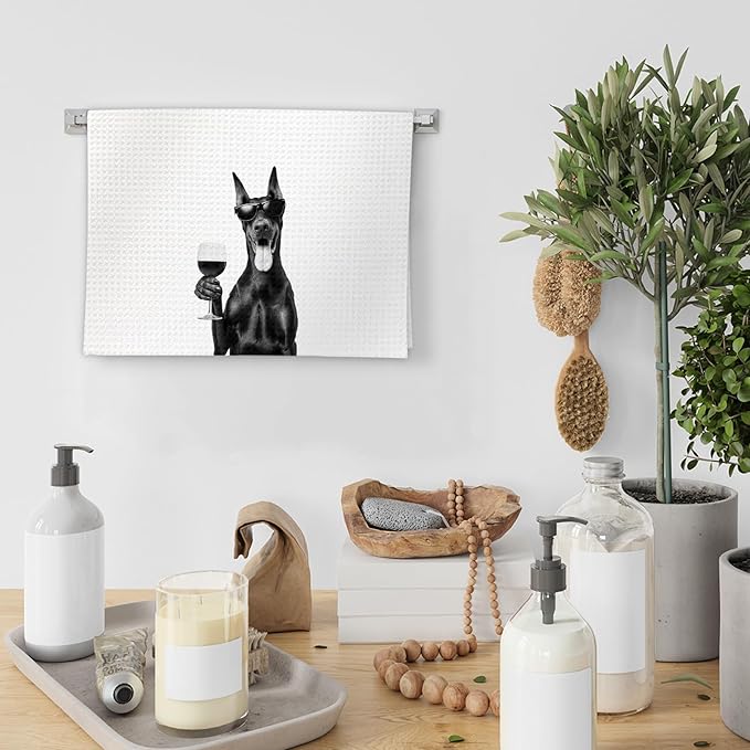 Doberman Gifts Wine Kitchen Towels Set of 2, Funny Doberman Wine Lover Decorative Hand Dish Towel for Kitchen Home Bar, Gifts for DobermanDog Beer Lovers Home Bar Cart Decor(16x24Inch)