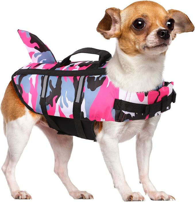 Queenmore Dog Life Jacket Pet Safety Vest High Buoyancy Camouflage Color Cute Shark with Strong Rescue Handle and Leash Ring for Boating, Canoeing, Surfing, Hunting, Pink L