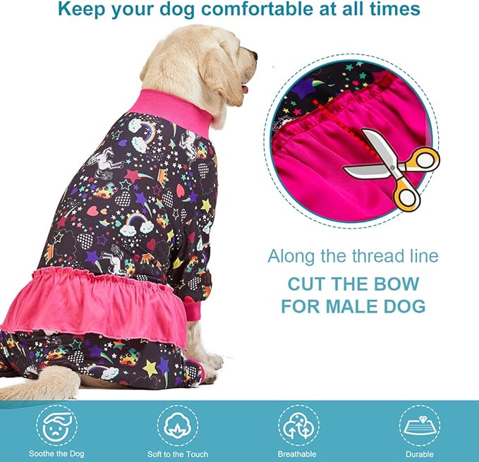 LovinPet Large Breed Dog Pajamas, Wound Care/Post Surgery Recovery Shirt for Large Dogs, Unicorn and Rainbow Black Print, Stop Shedding for Dogs, Pitbull Clothes, Bodysuit Dog Jammies, M