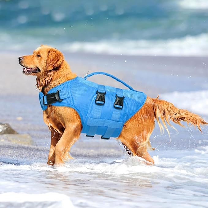 Kuoser Dog Life Jacket, Large Dog Water Vest for Swimming Boating, Reflective Doggie Swimming Vest Pet Life Preserver with Rescue Handle, Blue L