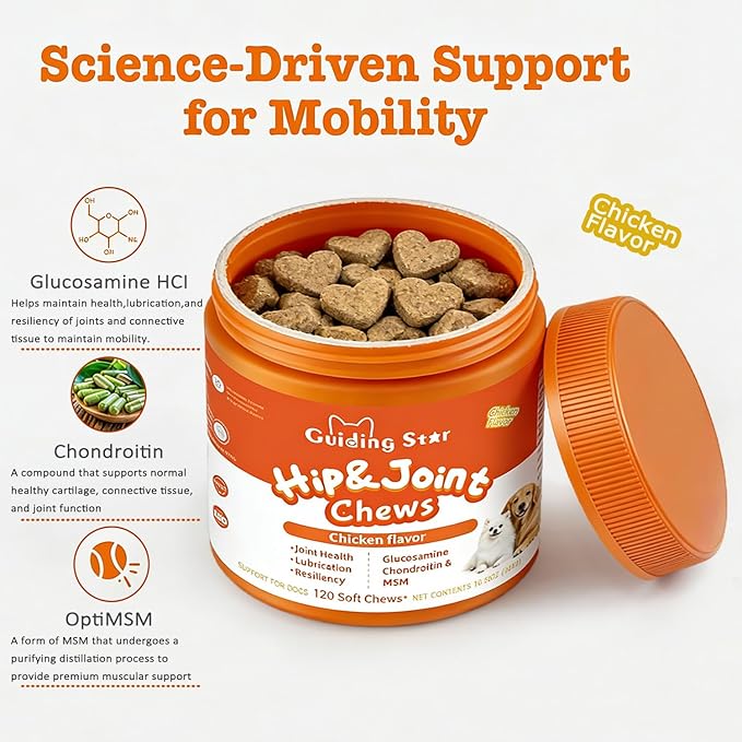 Hip and Joint Supplement for Dogs Glucosamine for Dogs, Mobility, Flexibility & Comfort Support, Hip and Joint Supplement with Chondroitin, MSM, Vitamins C & E, 120 Chews Chicken Flavored