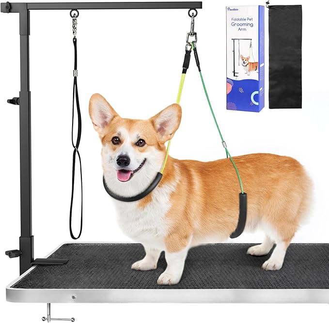 Pawaboo Dog Grooming Table Arm with Clamp, 35" Adjustable Dog Grooming Stand and Free Two No Sit Haunch Holder with Groom Loop, Foldable Home Dogs Groom Tool for Small Medium Pet, Groomer Partner