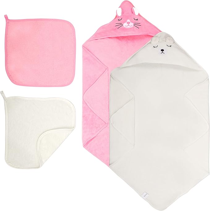 HBHLFZ 4-Pack Baby Bath Towels,Set of 2 Hooded Baby Bath Towels and 2 Baby Face Towels, Super Soft,Highly Absorbent,31.5x31.5inch,Suitable for Newborns,Toddlers and Children,Unisex（Kitten, Bear）