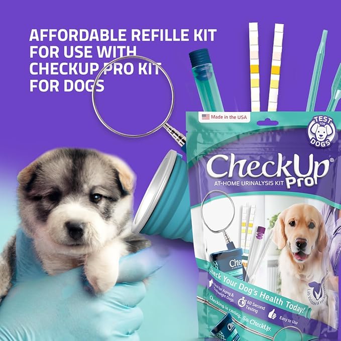 CheckUp Dog Pro Refill Kit – 10 Urine Test Strips (10A), 5 Pipettes, 5 Vials – at-Home Dog Health Screening for Glucose, Protein, pH, Leukocytes, Nitrite, Blood & More