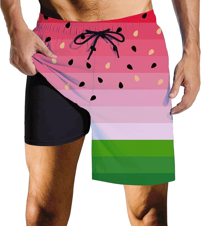 Mens Swim Trunks with Compression Liner Quick Dry Zipper Pocket Bathing