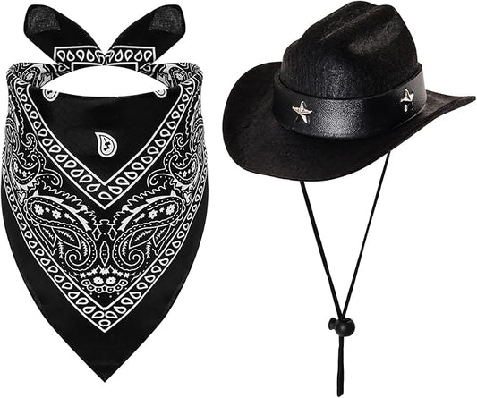Fumwase Pet Cowboy Costume Halloween Costumes for Dogs Cat Puppy Hats with Bandana Scarf Cowboy Costume Accessories Dog Cat for Party Festival and Daily Wearing (Black, Small)