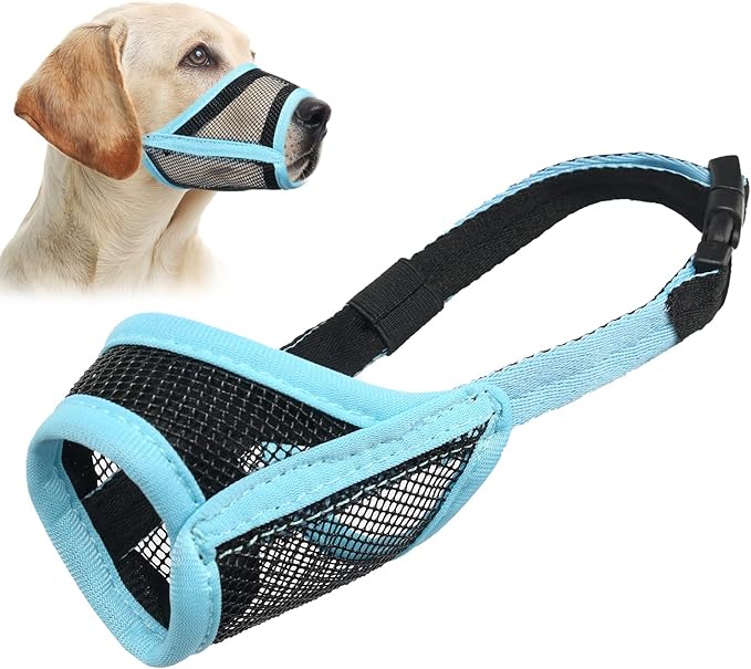 LUCKYPAW Dog Muzzle, Mesh Muzzle for Large Medium Dogs, Soft Mouth Cover to Prevent Biting Chewing, Drinkable Breathable Adjustable Puppy Mouth Guard(L, Baby Blue)