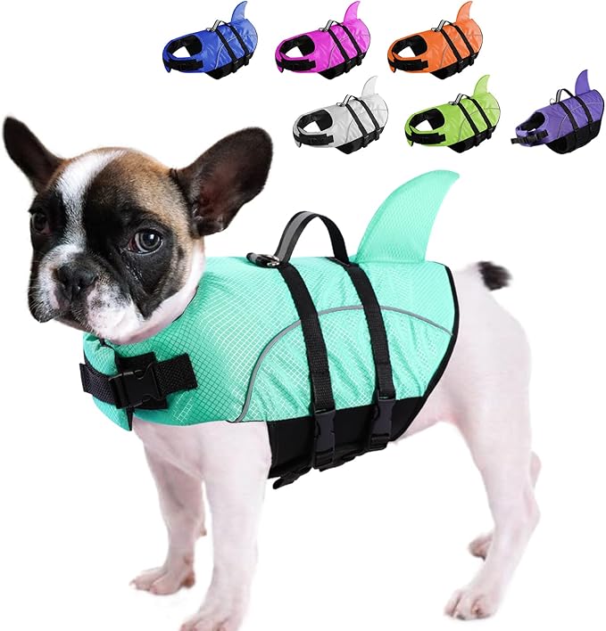 Queenmore Small Dog Shark Life Jacket - High Buoyancy Puppy Life Preserver for Swimming, Boating, Kayaking - Reflective Light Dog Lifesaver with Strong Rescue Handle (Light Blue, XS)