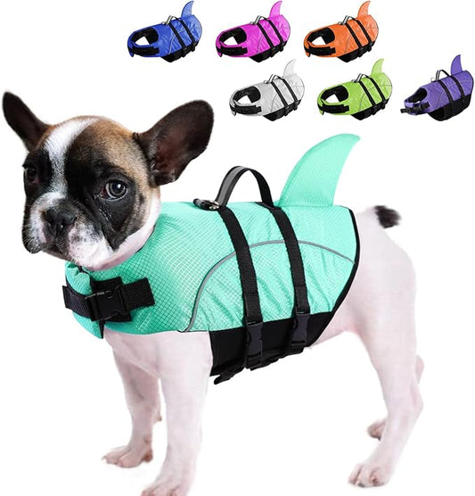 Queenmore Small Dog Shark Life Jacket,Dog Life Vest for Swimming Boating Kayaking,High Buoyancy Puppy Dog Life Preserver,Reflective Light Dog Lifesaver with Strong Rescue Handle (Light Blue,S)