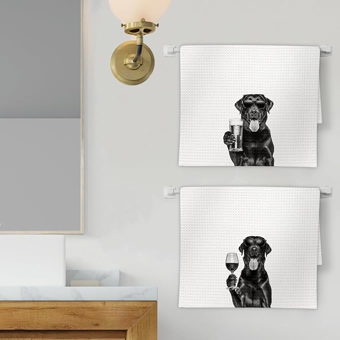 Gifts for Black Lab Dog Wine Lovers Kitchen Towels Set of 2, Black Labrador Retriever Gifts Wine Beer Decorative Hand Dish Towel for Kitchen Home Bar, Funny Dog Home Bar Decor(16x24 Inch)