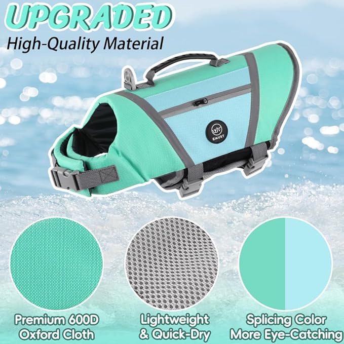 EMUST Dog Life Vests for Swimming, Adjustable Pet Life Jackets for Small Dogs with Hook & Loop, Reflective Dog Swim Vest with Quick-Release Buckles for Bulldogs, Dachshunds, Corgis, Turquoise, S