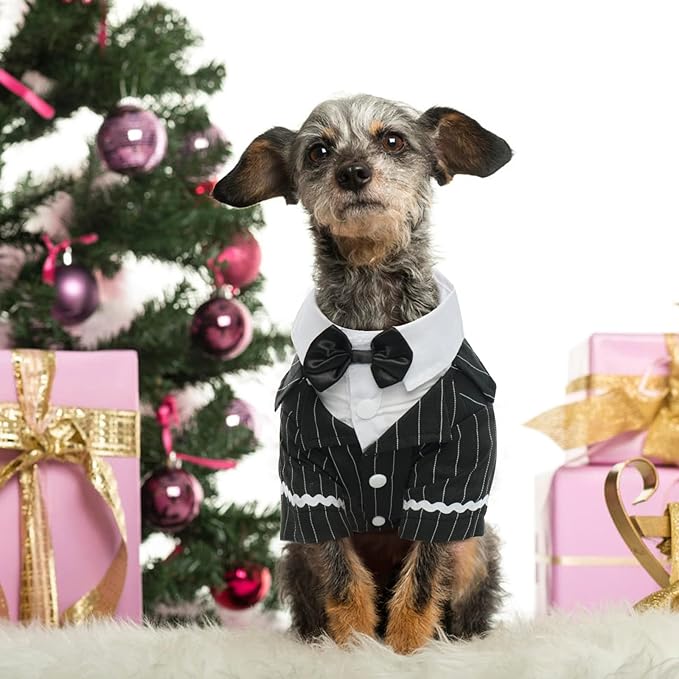 DENTRUN Dog Tuxedo Suit with Bow Tie - Formal Black & White Striped Pet Costume Shirt, Elegant Wedding Outfit Birthday Party Attire for Maltese Dachshund Corgi Beagle Medium Large Dogs, L