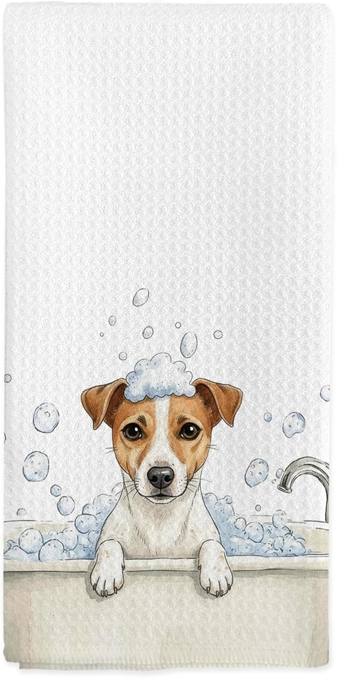 Funny Jack Russell Terrier Gifts Hand Towels for Bathroom, Dog Dish Tea Towels, Funny Jack Russell Terrier Dog in Bathtub Hand Towel for Toilet Kitchen Restroom Decor, 16x24 Inch