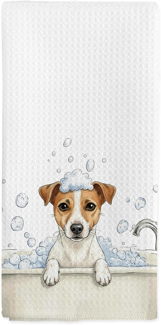 Funny Jack Russell Terrier Gifts Hand Towels for Bathroom, Dog Dish Tea Towels, Funny Jack Russell Terrier Dog in Bathtub Hand Towel for Toilet Kitchen Restroom Decor, 16x24 Inch
