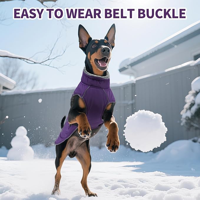 DENTRUN Winter Warm Dog Coat Reflective Jacket with Turtleneck for Cold Weather, Adjustable Buckle Windproof Water Repellent, Thick Snowsuit Fleece Vest for Small, Medium, Large Dogs, Purple, XXXL