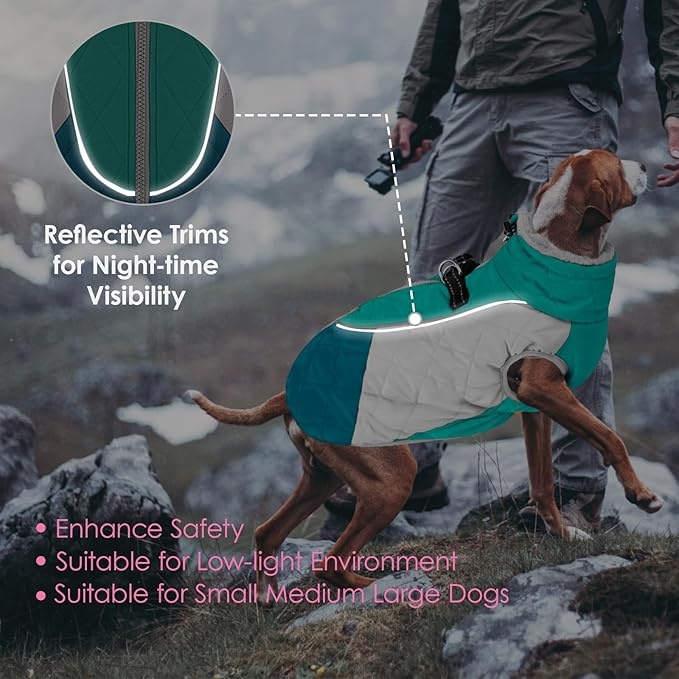 AOFITEE Dog Winter Coat, Dog Coat for Large Dogs, Reflective Large Dogs Jacket with Harness Built in and Fleece Lined, Waterproof Pet Winter Jacket Warm Snowsuit for Cold Weather, Green XXL