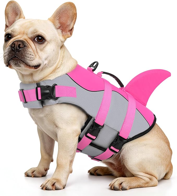 Queenmore Dog Life Jacket Ripstop Shark Dog Safety Vest Adjustable Preserver with High Buoyancy and Durable Rescue Handle for Small,Medium,Large Dogs, Pink Shark X-Small