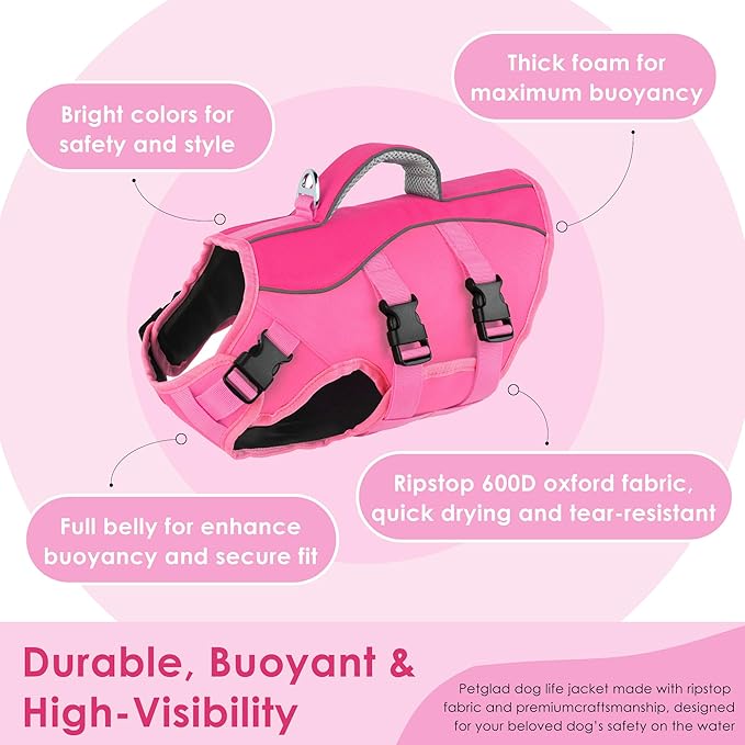 Dog Life Jacket, High Buoyancy Dog Life Vest with Handle for Swimming Boating, Adjustable Swimming Vest with Reflective Trim for Small Medium Large Dogs - Pink, M