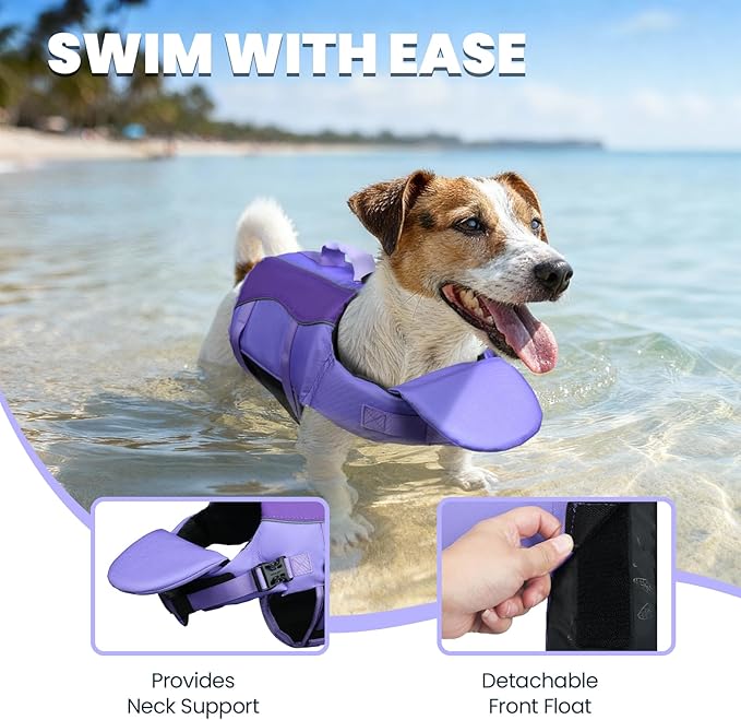 VIVAGLORY Front Float Dog Life Vest, Dog Life Jacket for Swimming & Boating, Swimming Vest with Chin Float & Handle, Ripstop & Buoyancy for Puppy Doggy, XL, Purple