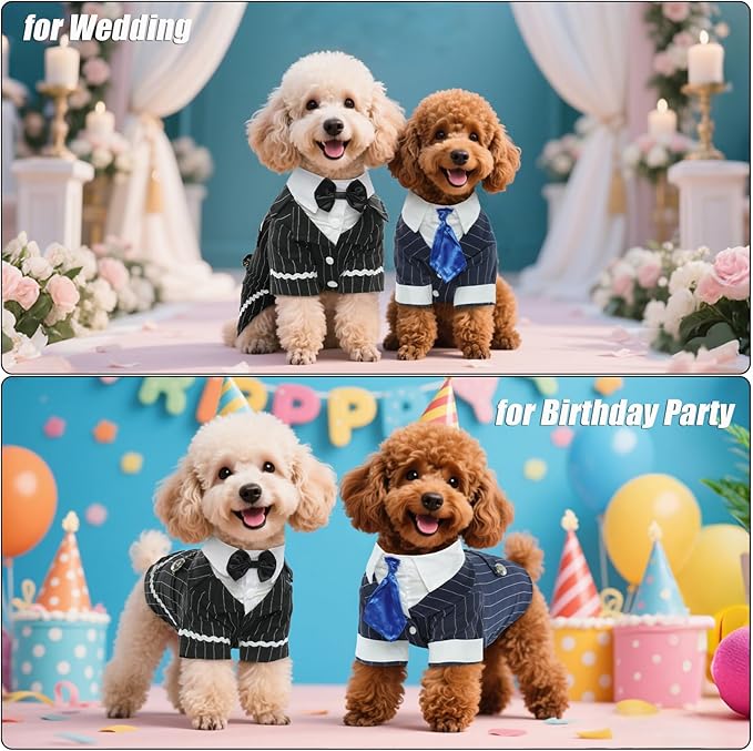 DENTRUN Dog Tuxedo Suit with Bow Tie - Formal Black & White Striped Pet Costume Shirt, Elegant Wedding Outfit Birthday Party Attire for Golden Retriever Husky Border Collie Large Dogs, XXL
