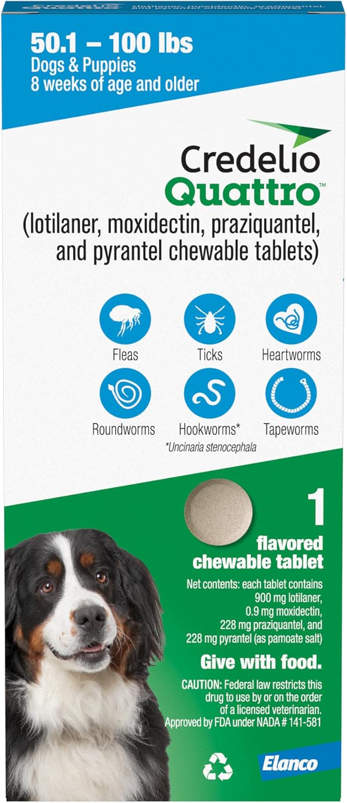Credelio Quattro Dog Flea & Tick Treatment + Heartworm & Parasite Protection, 50.1-100 lbs (1 Chewable Tablet)