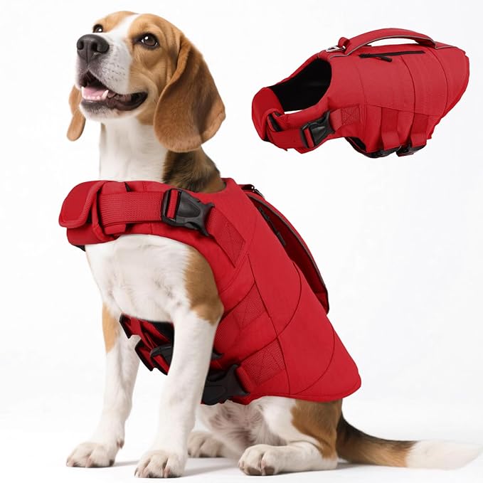 Kuoser Dog Life Jacket, High Flotation Dog Life Vest for Swimming Boating, Adjustable Small Medium Large Dogs Swim Vest with Rescue Handle and Pocket, Reflective Safety Pet Lifejacket Floats for Pool