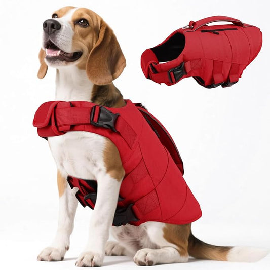 Kuoser Dog Life Jacket, High Flotation Dog Life Vest for Swimming Boating, Adjustable Small Medium Large Dogs Swim Vest with Rescue Handle and Pocket, Reflective Safety Pet Lifejacket Floats for Pool