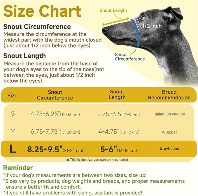 Mayerzon Greyhound Whippet Dog Muzzle, Soft Mesh Muzzle for Long Nose Dogs to Prevent Excessive Biting Chewing Eating, Suitable for Grooming Walking Vet Visits, Allowing Drinking Breathing (Black, L)