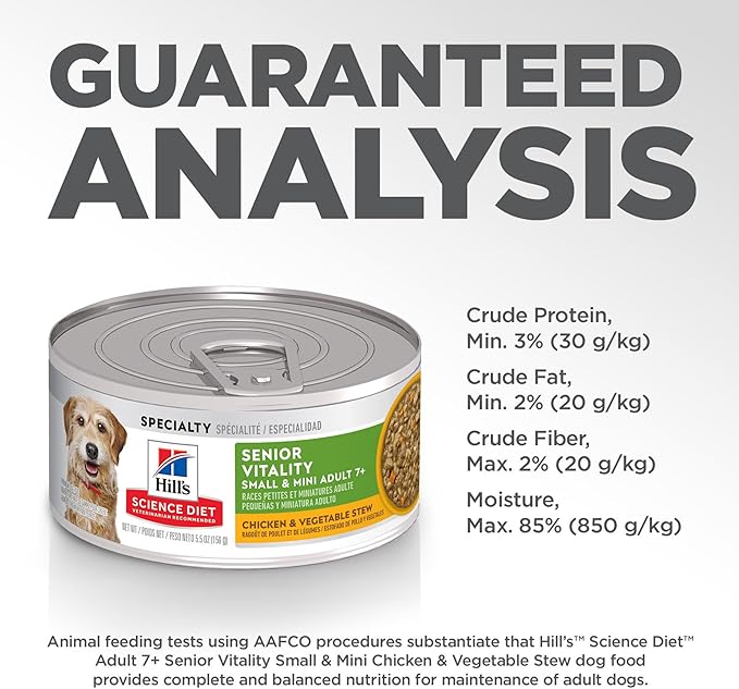 Hill's Science Diet Senior Vitality Adult 7+ Small & Mini Breeds Wet Dog Food, Salmon & Vegetable Stew, 5.5 oz. Cans, 24-Pack