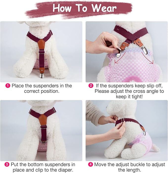 Pet Soft Dog Suspenders 2 Pieces Female Dog Diaper Suspenders for Dogs Diaper Keeper Suspender for Dogs Skirt, Doggy Dress (Brown & Burgundy, S/M)