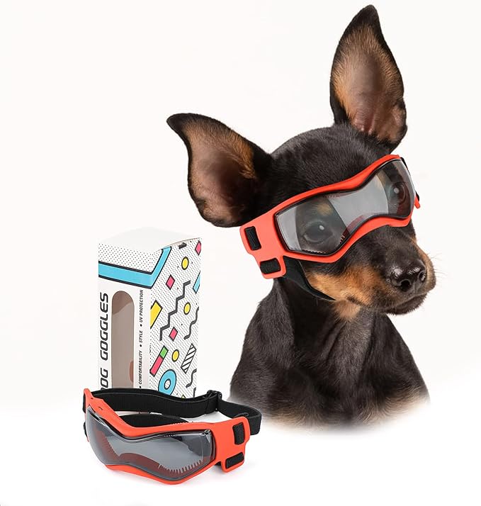 PETLESO Dog Goggles Small Breed, Dog Sunglasses UV Protection Puppy Eyewear for Small Pet Outdoor Riding Driving, Orange S