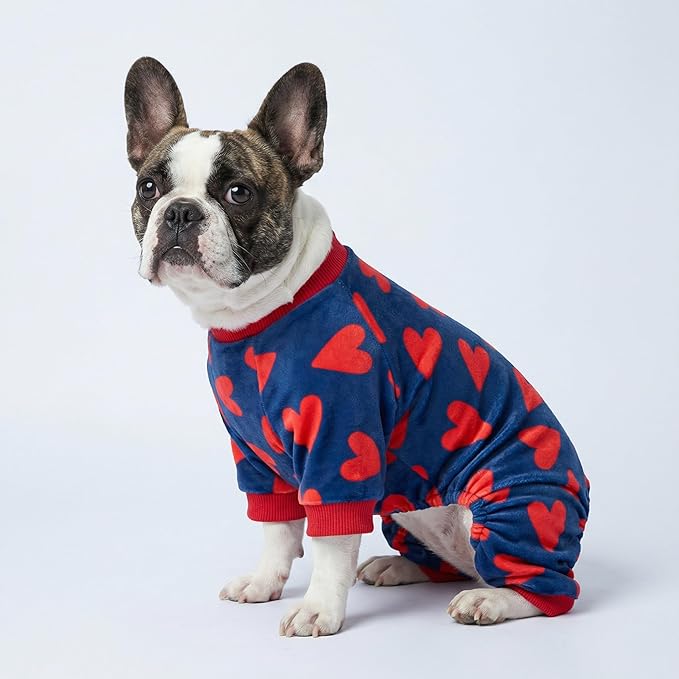 Fitwarm Valentines Day Sweet Hearts Dog Pajamas, Dog Winter Clothes for Small Dogs Girl Boy, Lightweight Velvet Pet Jumpsuit, Cat Onesie, Dark Blue, Red, XL