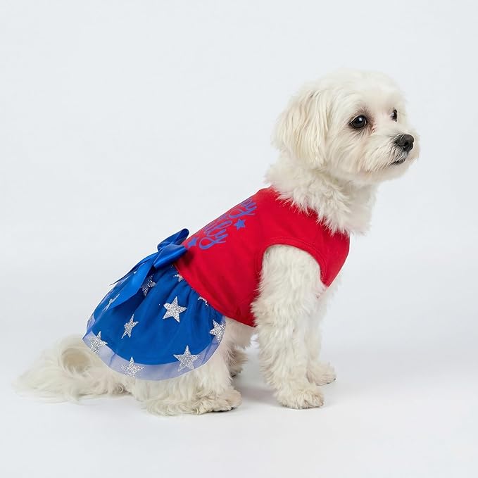 Fitwarm Happy 4th of July Dog Tulle Dress, Patriotic Dog Clothes for Small Dogs Girl, Red and White Star Pet Outfit, Red, Royal Blue, Large