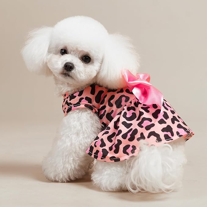 PUPTECK Print Dog Dress Pet Apparel with Cute Bowtie Puppy Clothes Outfit, Leopard Print, XS