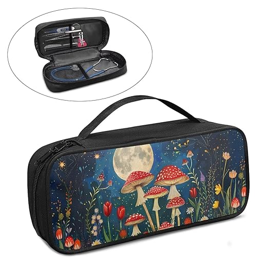 Gomyblomy Portable Stethoscope Case with Extra Room and Handle for Nurse and Doctors, Mushroom Moon Print Stethoscope Holder Storage Bag Compatible with Most Stethoscope