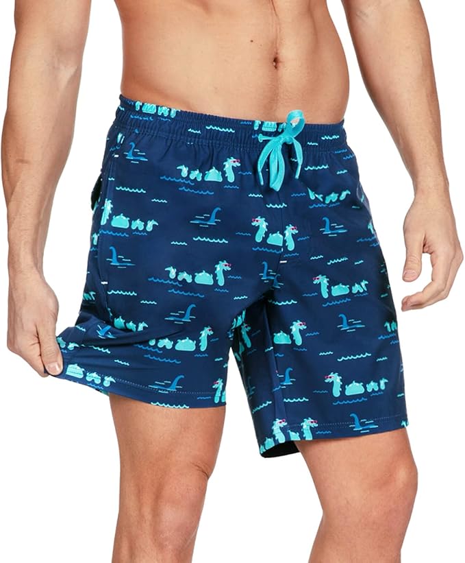 Tipsy Elves Men's Stretch Swim Trunks 7 Inch Inseam 4-Way Stretch with Mesh Liner - Quick-Dry Funny Swimwear Bathing Suit