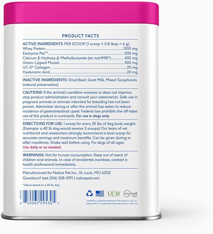 Native Pet Hip & Joint Advanced Care Dog Joint Supplement Powder for Mobility & Movement Support, Joint Supplement for Dogs with HMB, UC-II Collagen, Green Lipped Mussel & Hyaluronic Acid – 60 Scoops