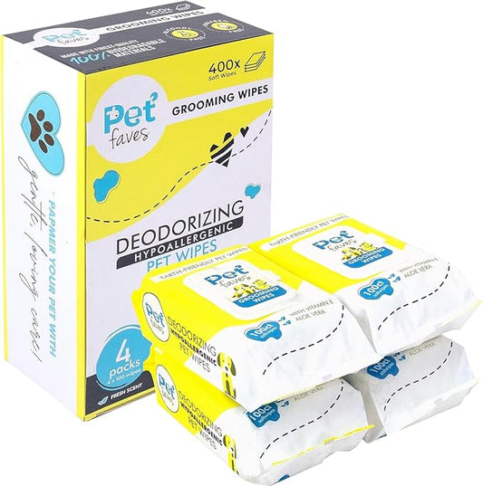 Pet Faves Dog Wipes for Cleaning and Deodorizing | Hypoallergenic Grooming Wipes for Paws and Butt, Clean Face & Body Between Baths, Plant Based Natural Pet Wipes for Dogs and Puppy (400 Count)