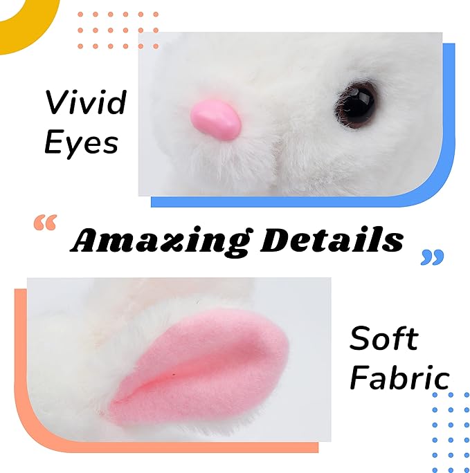 Hopearl Hopping Rabbit with LED Ears Interactive Electronic Pet Plush Bunny Toy with Sounds and Movements Animated Walking Wiggle Light up Ears Twitch Nose Gift for Toddlers Birthday, White, 7''