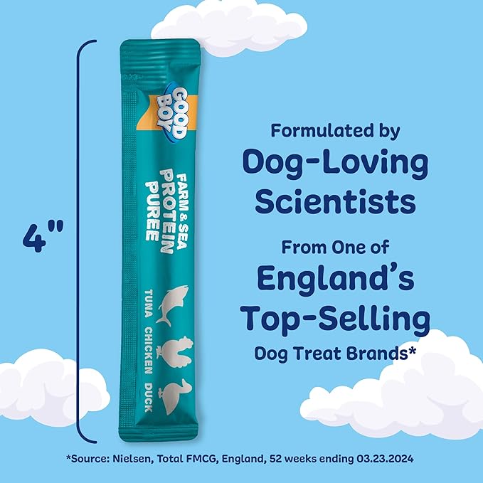 Good Boy Farm & Sea Protein Purees Dog Food Mixers for All Adult Dogs, 30 Count, Easy Single-Serve Triple Flavor Topper Treats with Tuna, Chicken and Duck