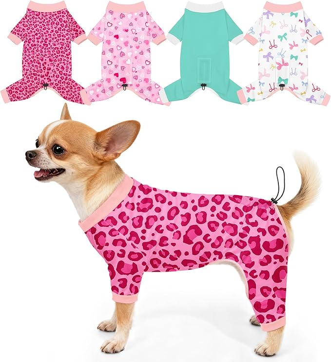Bienbee Dog Pajamas, 4 Pack Dog Recovery Suit Shedding Suit Cute Soft Puppy Clothes Dogs Pjs Onesies Jammies Adjustable Breathable & Stretchy Clothes for Small Medium Large Dogs Girl Boy Puppy-S